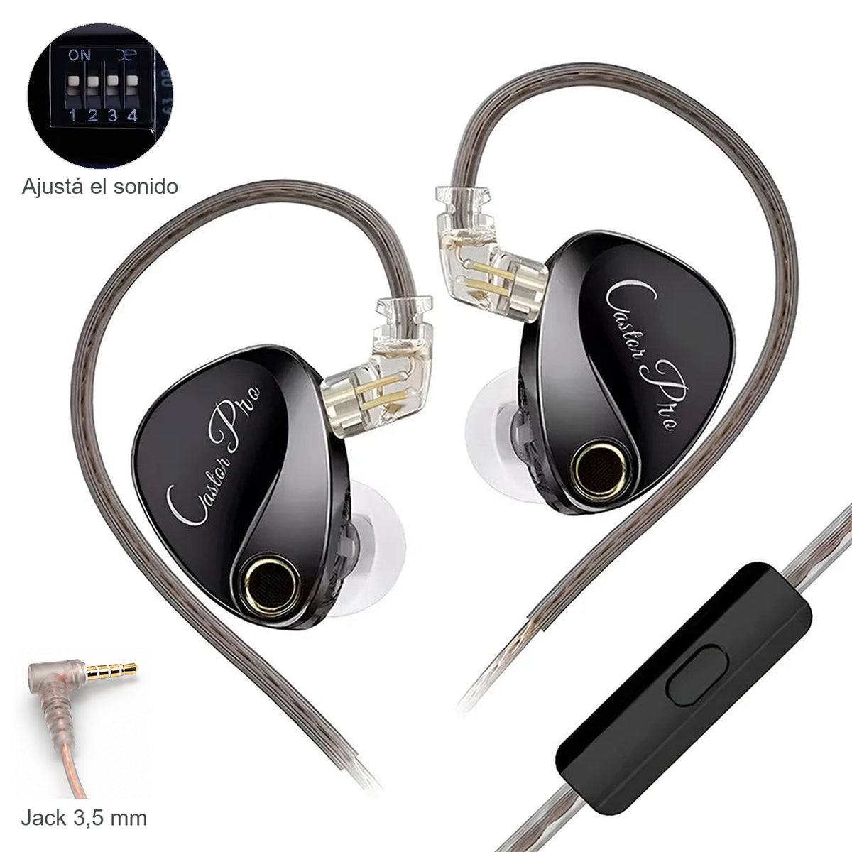 KZ Castor Pro, con micrófono: foto original sobre fondo blanco con detalle real del conector jack de 3,5 mm y acercamiento de los cuatro switches de ajuste de sonido.