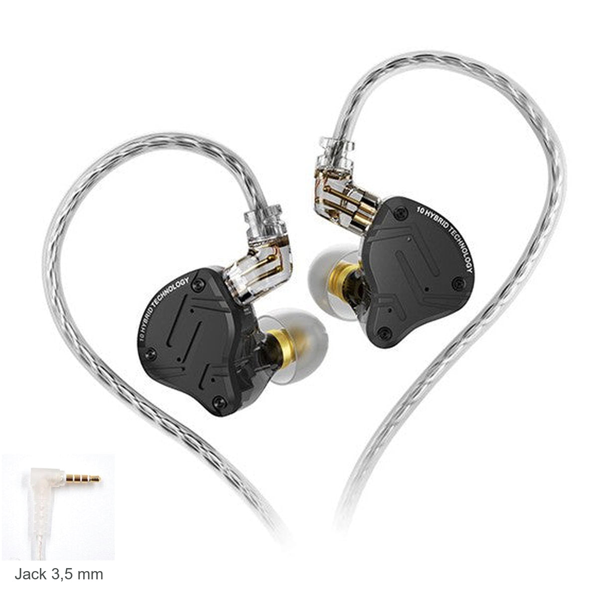 KZ ZS10 Pro X con micrófono: foto original sobre fondo blanco con detalle del conector jack de 3,5 mm del cable plateado.
