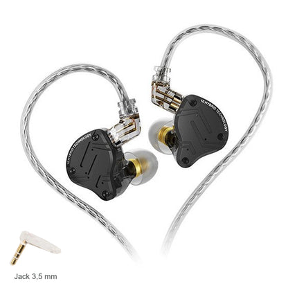 KZ ZS10 Pro X sin micrófono: foto original sobre fondo blanco con detalle del conector jack de 3,5 mm del cable plateado.