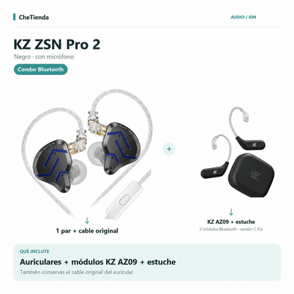 KZ ZSN Pro 2 + 2 módulos Bluetooth KZ AZ09 C Pin y estuche. El combo conserva el cable original con micrófono del auricular.
