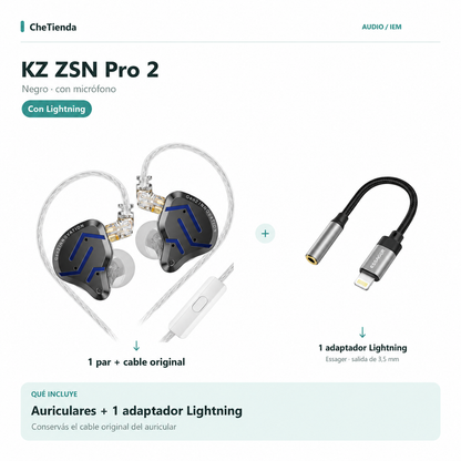 KZ ZSN Pro 2 con micrófono + 1 adaptador Essager Lightning a 3,5 mm. Incluye el cable original.