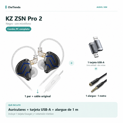 KZ ZSN Pro 2 PC completo: auriculares con cable y micrófono + 1 tarjeta Essager USB-A + 1 alargue Vention de 1 metro. Tarjeta mostrada en dos vistas.