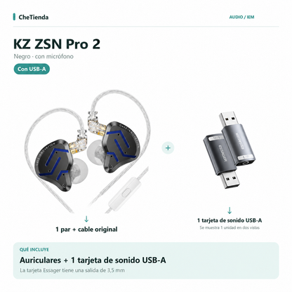 KZ ZSN Pro 2 con micrófono + 1 tarjeta de sonido Essager USB-A a 3,5 mm. La tarjeta se muestra en dos vistas; incluye una unidad.