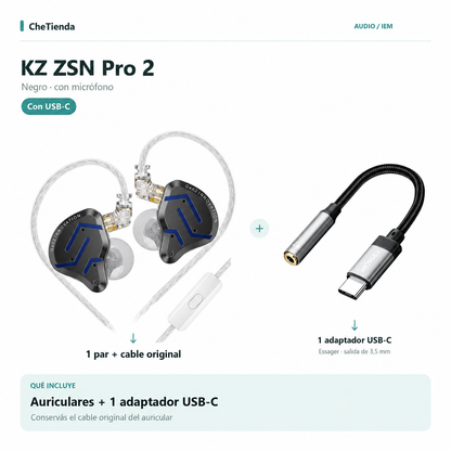 KZ ZSN Pro 2 con micrófono + 1 adaptador Essager USB-C a 3,5 mm. Incluye el cable original.